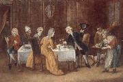 unknow artist An elegant interior with a lady and gentleman toasting,other figures drinking and smoking at the table Spain oil painting artist